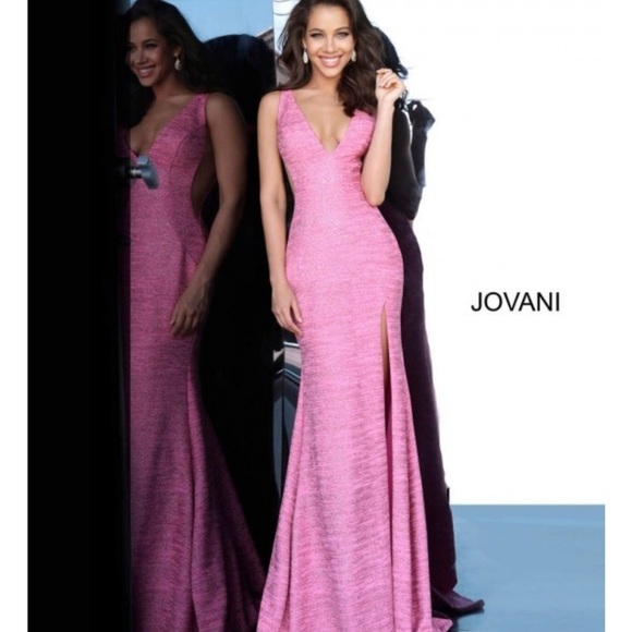 Jovani Royal V Neck Fitted Gown Dresss Hot Pink Metallic Shimmer Prom Wedding - Picture 14 of 16